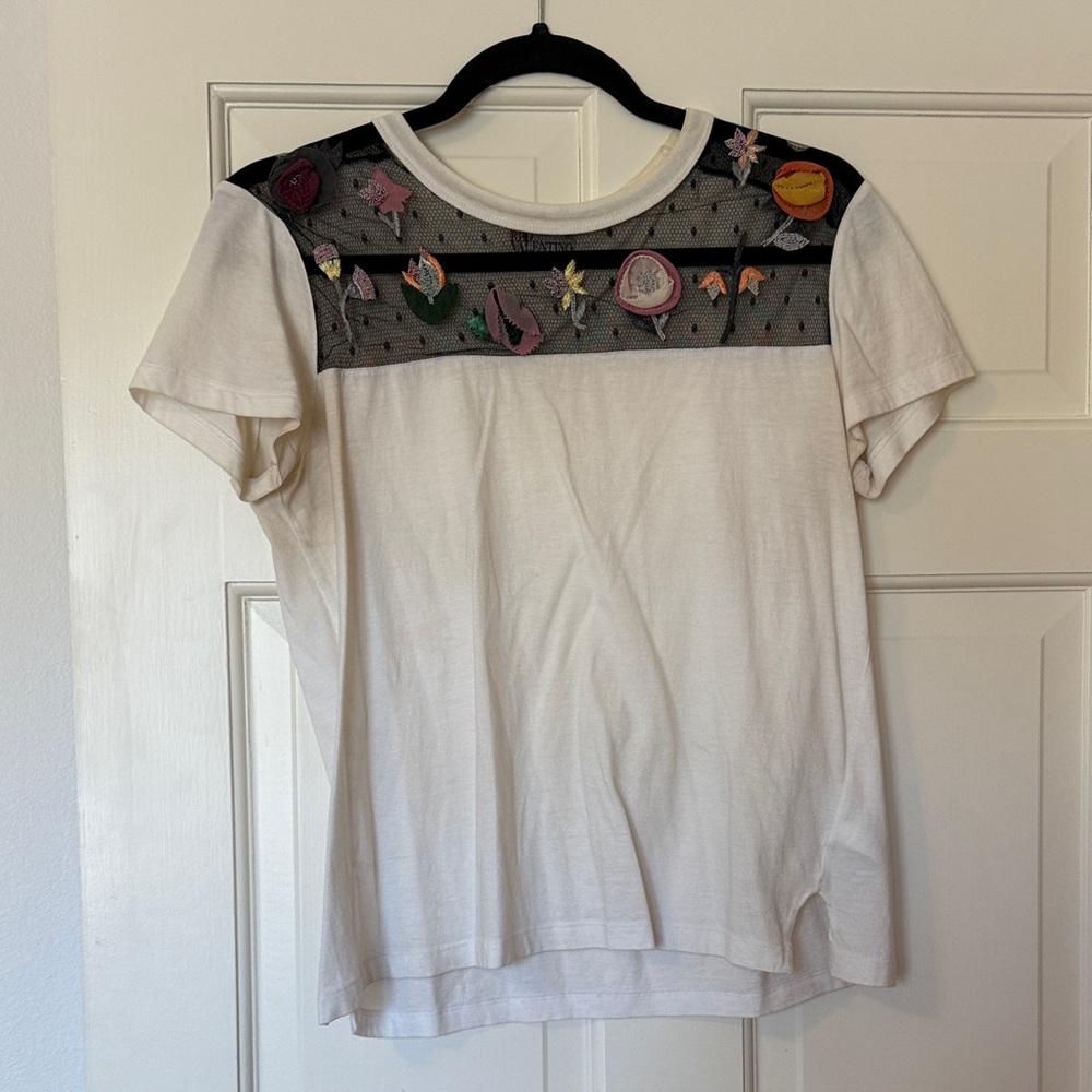 Valentino! Embroidered Cream Top with Black Mesh Detail